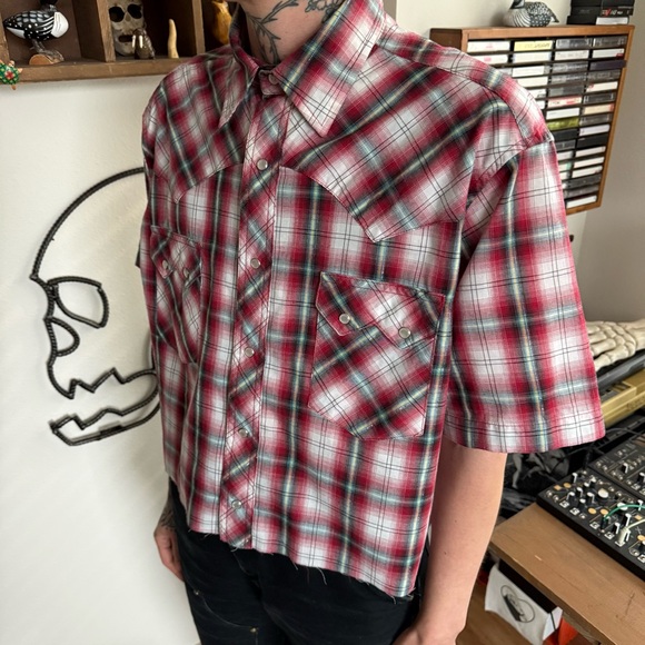 Vintage 90s 2000s Wrangler Cropped Plaid Tinsel Pearl Snap Western ~ Size L - Picture 3 of 6
